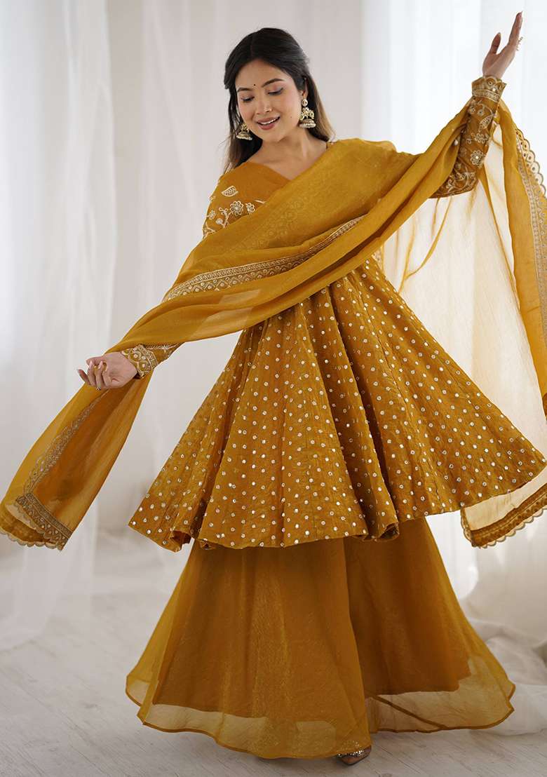 Yellow Embroidered Silk Blend Sharara Set - Indya