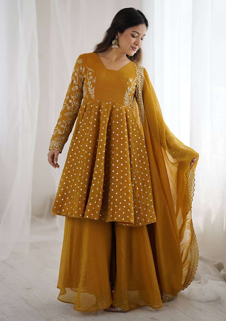 Yellow Embroidered Silk Blend Sharara Set - Indya
