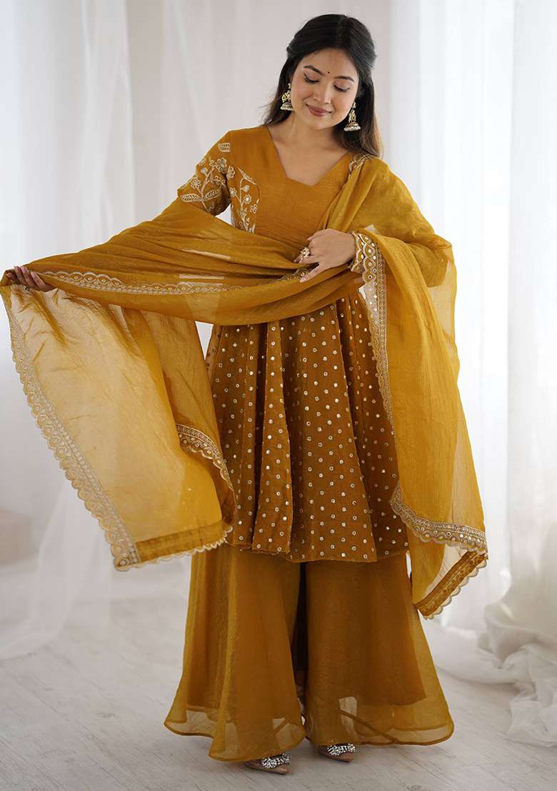 Yellow Embroidered Silk Blend Sharara Set - Indya