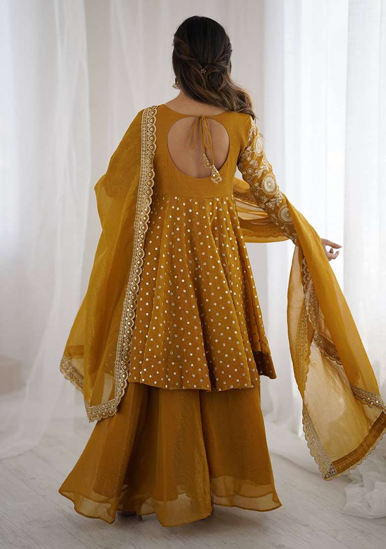 Yellow Embroidered Silk Blend Sharara Set - Indya