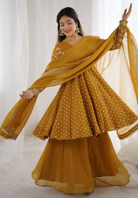 Yellow Embroidery Crunchy Silk Kurta Set