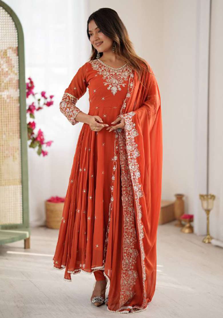 Red Embroidered Georgette Anarkali Set - Indya