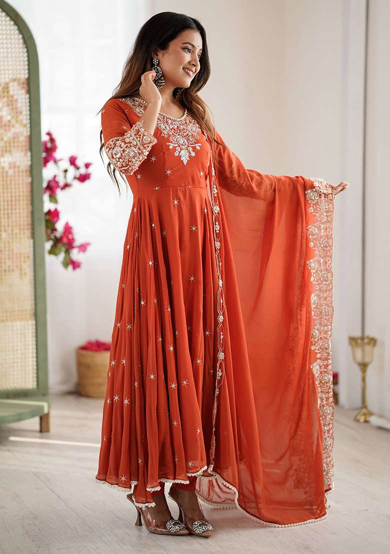 Red Embroidered Georgette Anarkali Set - Indya