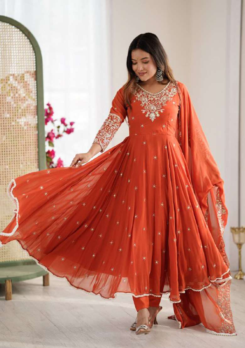 Red Embroidered Georgette Anarkali Set - Indya