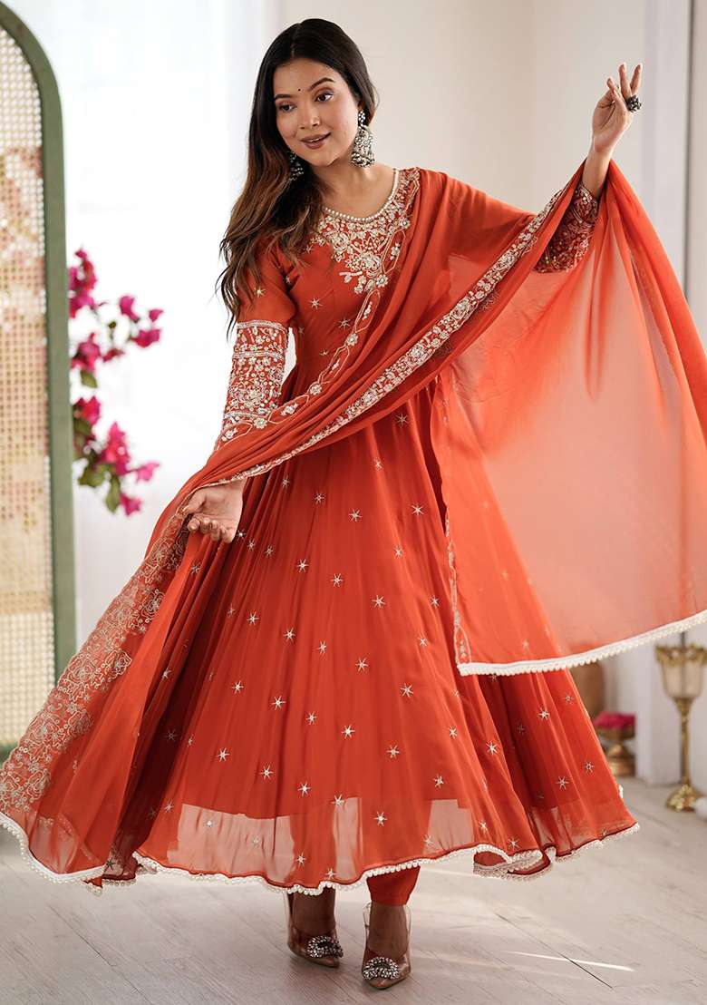 Red Embroidered Georgette Anarkali Set - Indya