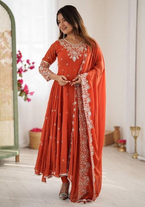 Red Embroidery Georgette Kurta Set