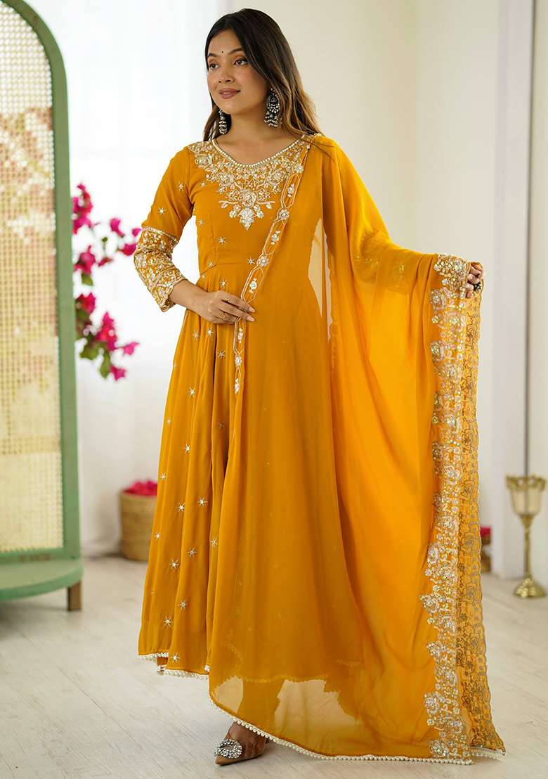 Yellow Embroidered Georgette Anarkali Set - Indya