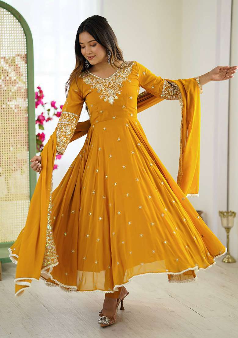Yellow Embroidered Georgette Anarkali Set - Indya
