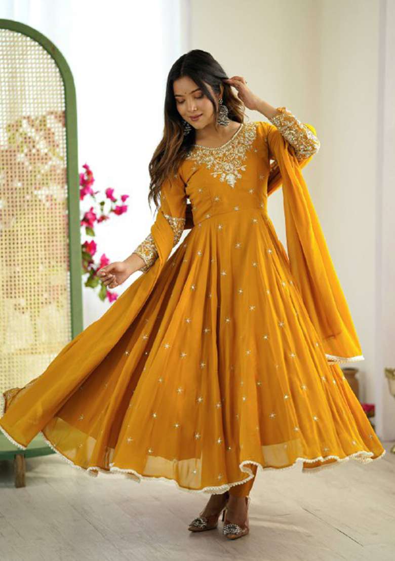 Yellow Embroidered Georgette Anarkali Set - Indya