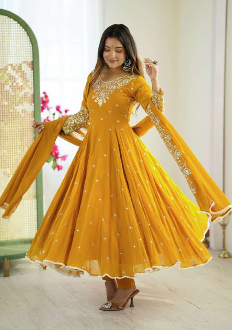 Yellow Embroidered Georgette Anarkali Set - Indya