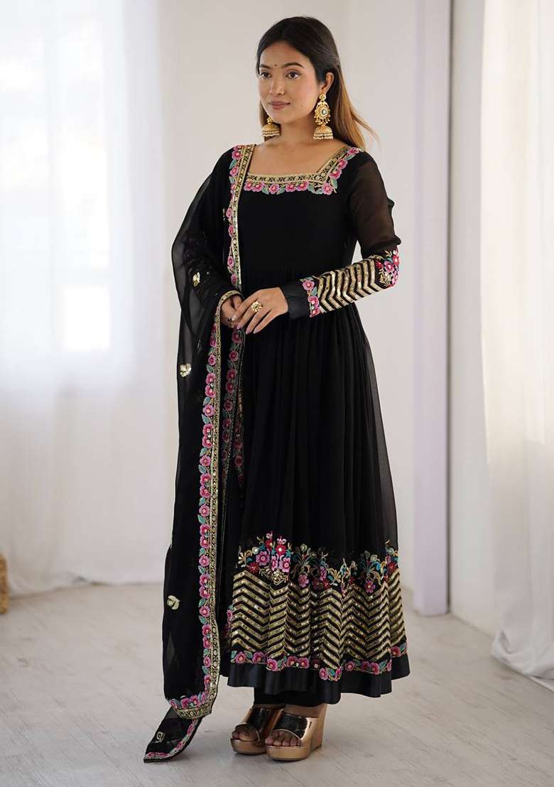 Black Embroidered Georgette Anarkali Set - Indya