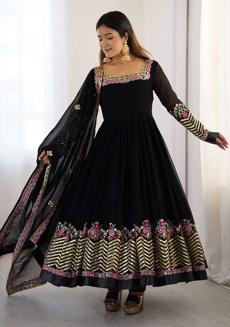 Black Embroidered Georgette Anarkali Set - Indya