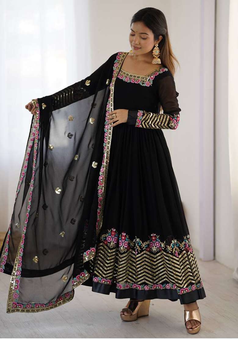 Black Embroidered Georgette Anarkali Set - Indya