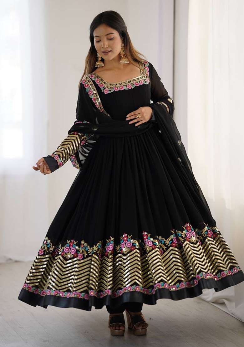 Black Embroidered Georgette Anarkali Set - Indya
