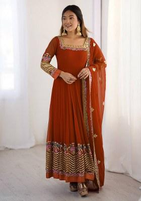 Orange Embroidered Georgette Anarkali Set