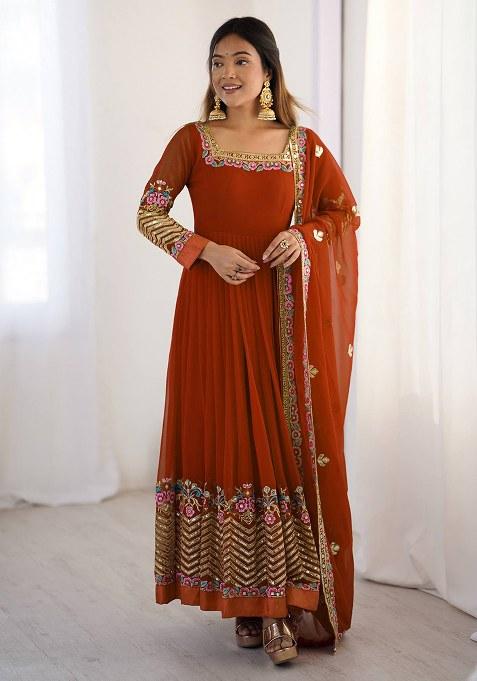 Orange Embroidery Georgette Kurta Set