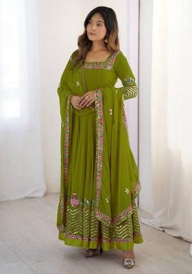 Parrot Green Embroidery Georgette Kurta Set