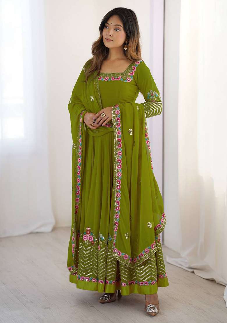 Parrot Green Embroidered Georgette Anarkali Set - Indya