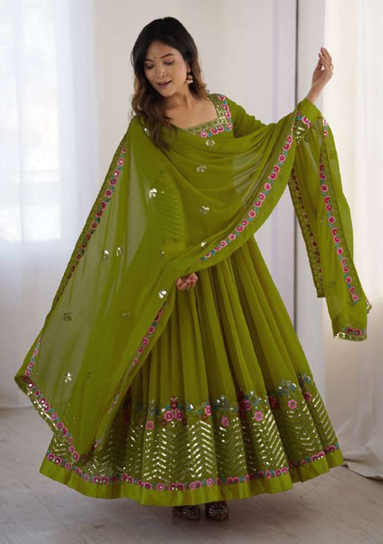 Parrot Green Embroidered Georgette Anarkali Set - Indya