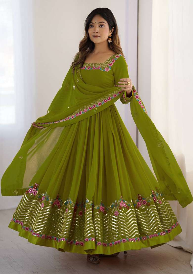 Parrot Green Embroidered Georgette Anarkali Set - Indya