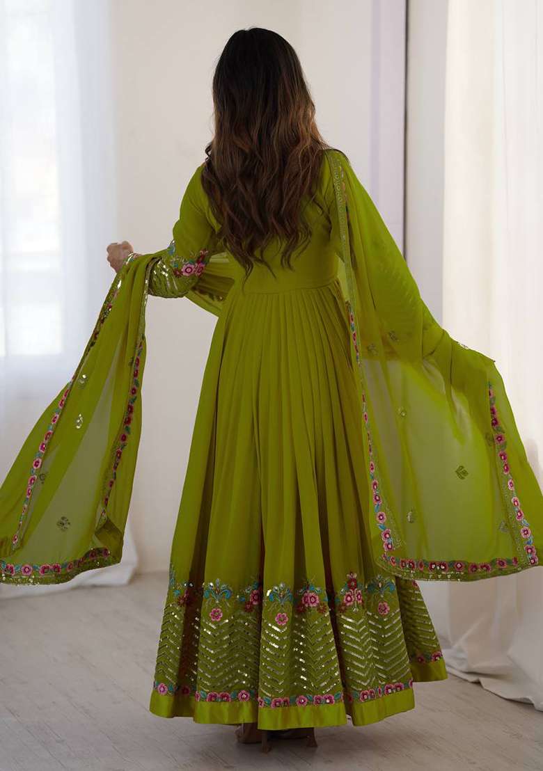 Parrot Green Embroidered Georgette Anarkali Set - Indya