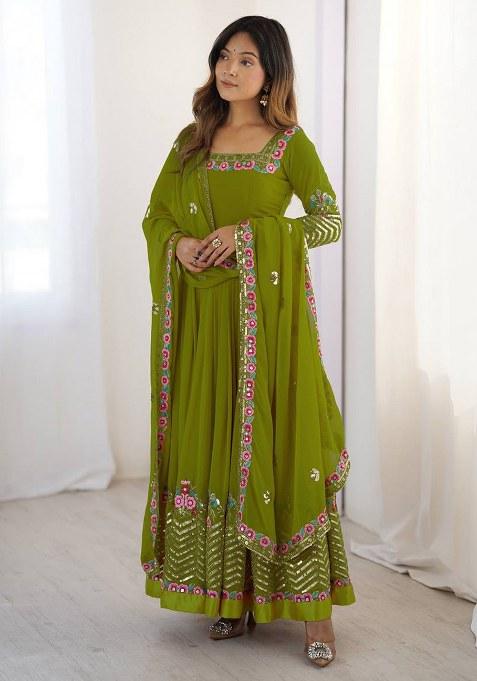 Parrot Green Embroidery Georgette Kurta Set