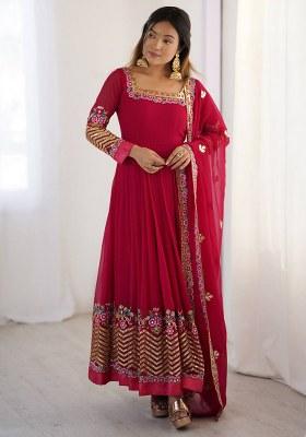 Pink Embroidered Georgette Anarkali Set