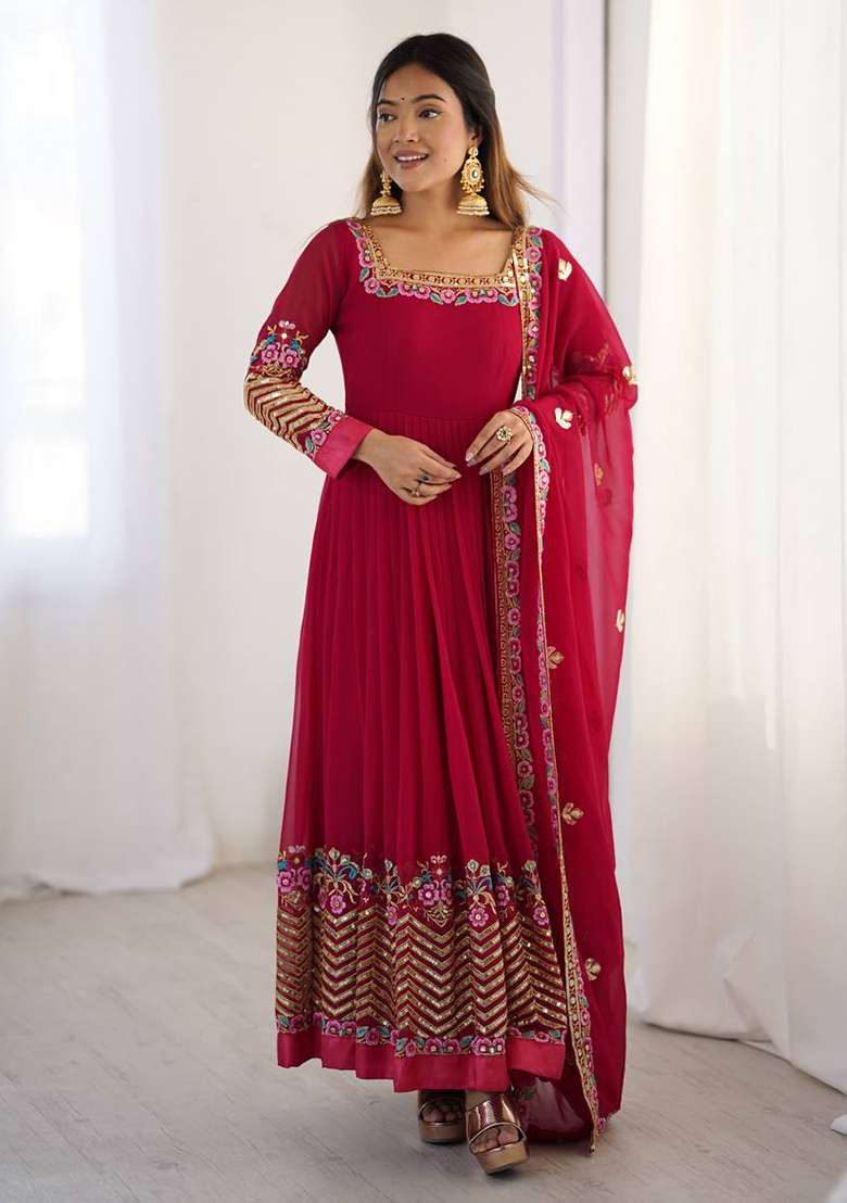 Pink Embroidered Georgette Anarkali Set - Indya