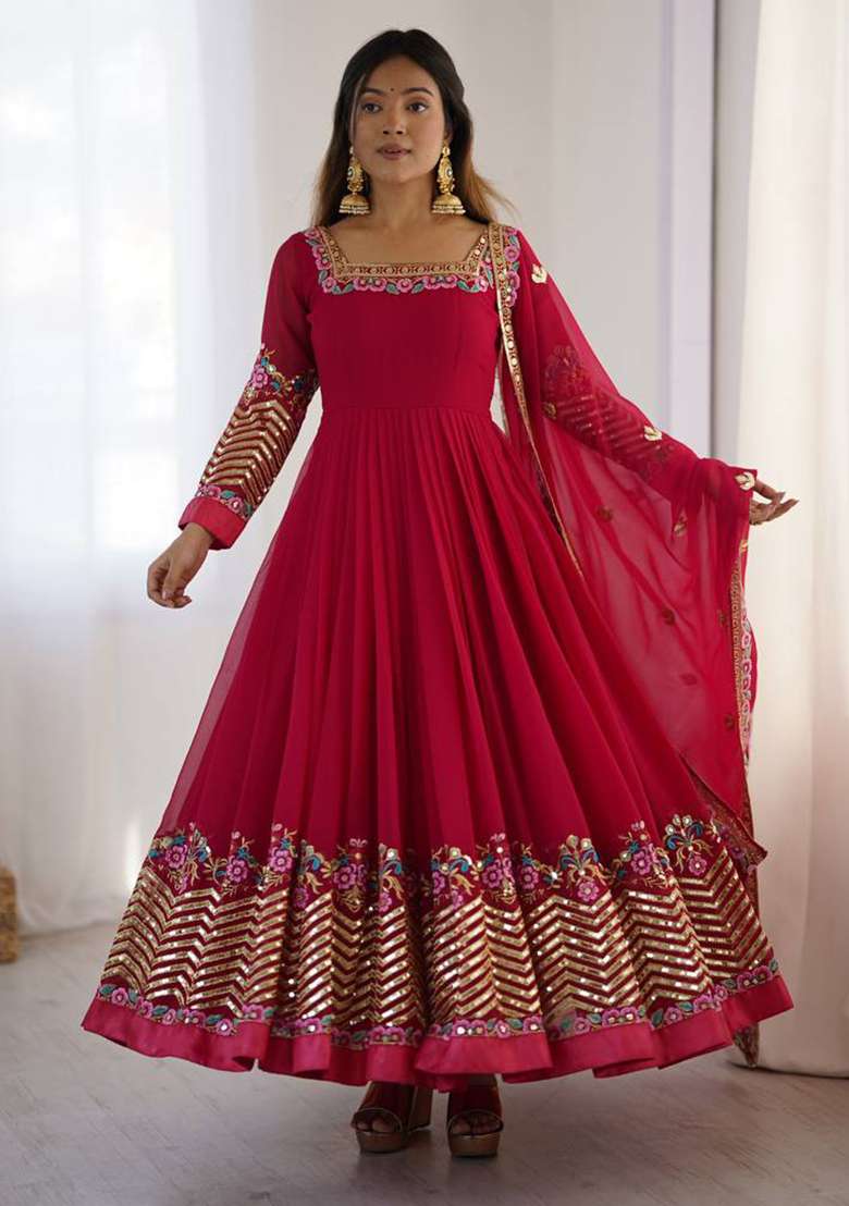 Pink Embroidered Georgette Anarkali Set - Indya