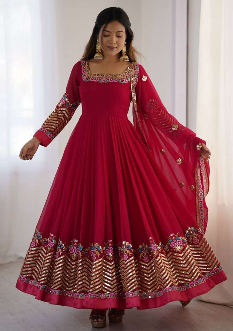 Pink Embroidered Georgette Anarkali Set - Indya
