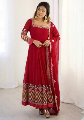Red Embroidered Georgette Anarkali Set