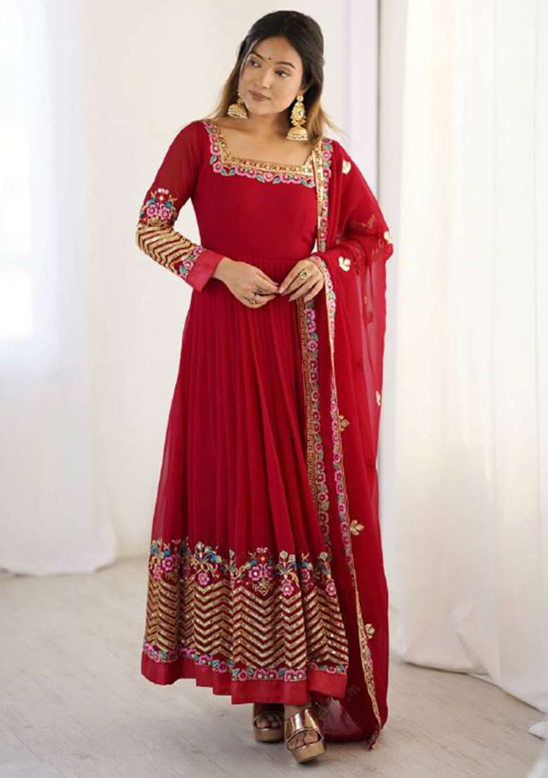 Red Embroidered Georgette Anarkali Set - Indya