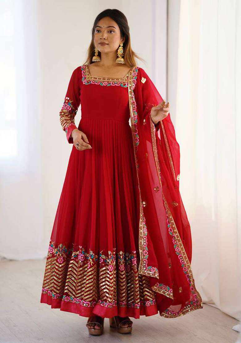 Red Embroidered Georgette Anarkali Set - Indya