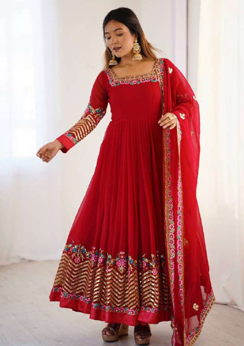 Red Embroidered Georgette Anarkali Set - Indya