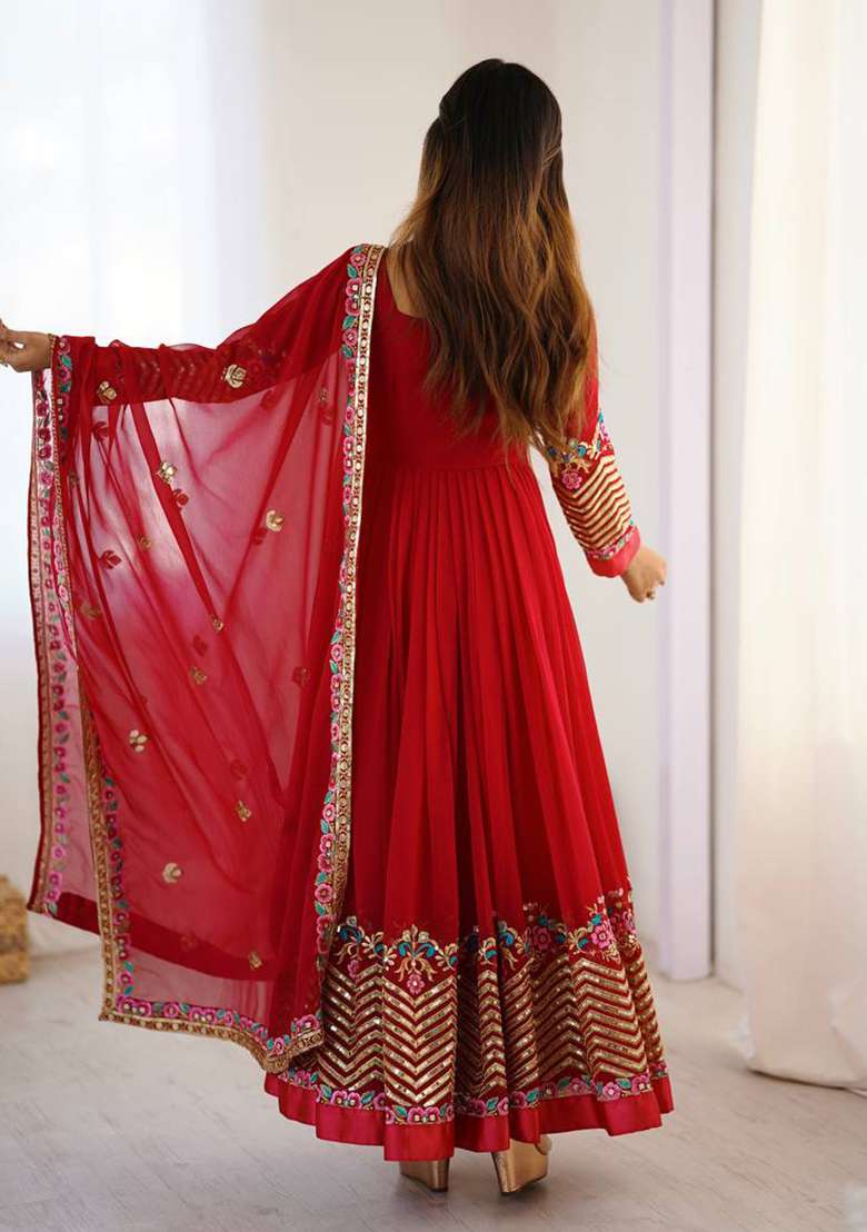 Red Embroidered Georgette Anarkali Set - Indya
