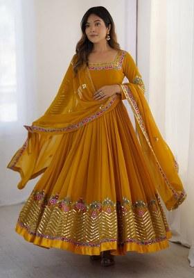 Yellow Embroidered Georgette Anarkali Set