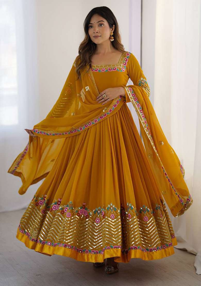 Yellow Embroidered Georgette Anarkali Set - Indya
