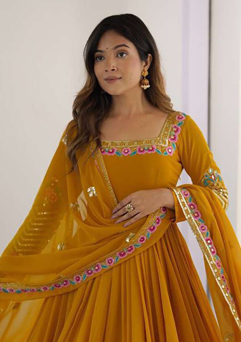Yellow Embroidered Georgette Anarkali Set - Indya