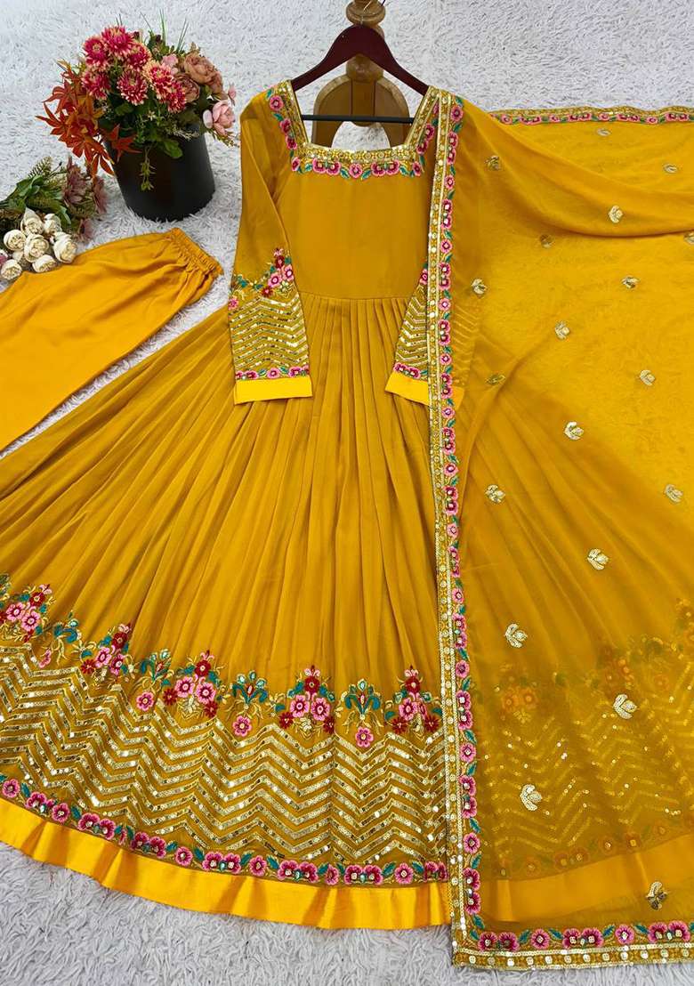 Yellow Embroidered Georgette Anarkali Set - Indya