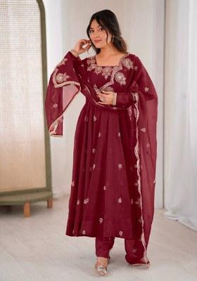 Maroon Embroidered Silk Blend Anarkali Set