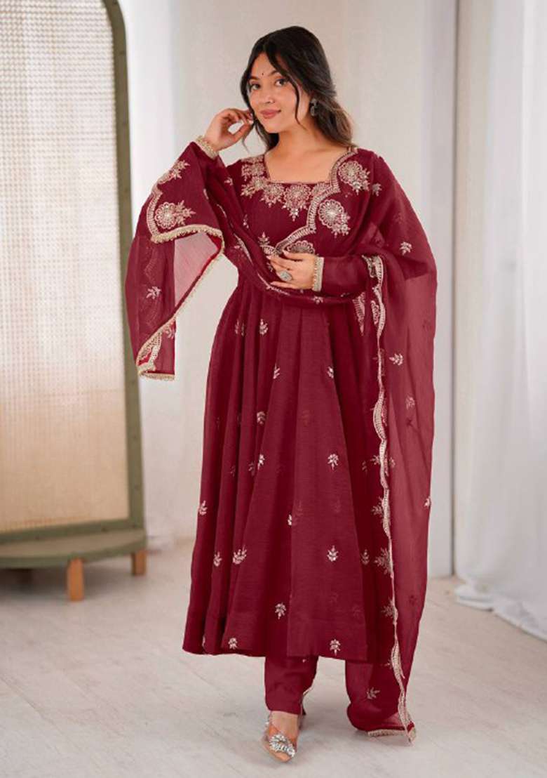 Maroon Embroidered Silk Blend Anarkali Set - Indya