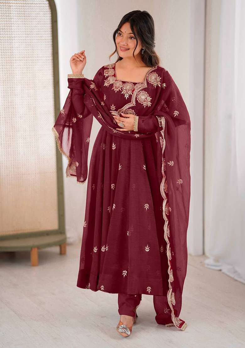 Maroon Embroidered Silk Blend Anarkali Set - Indya