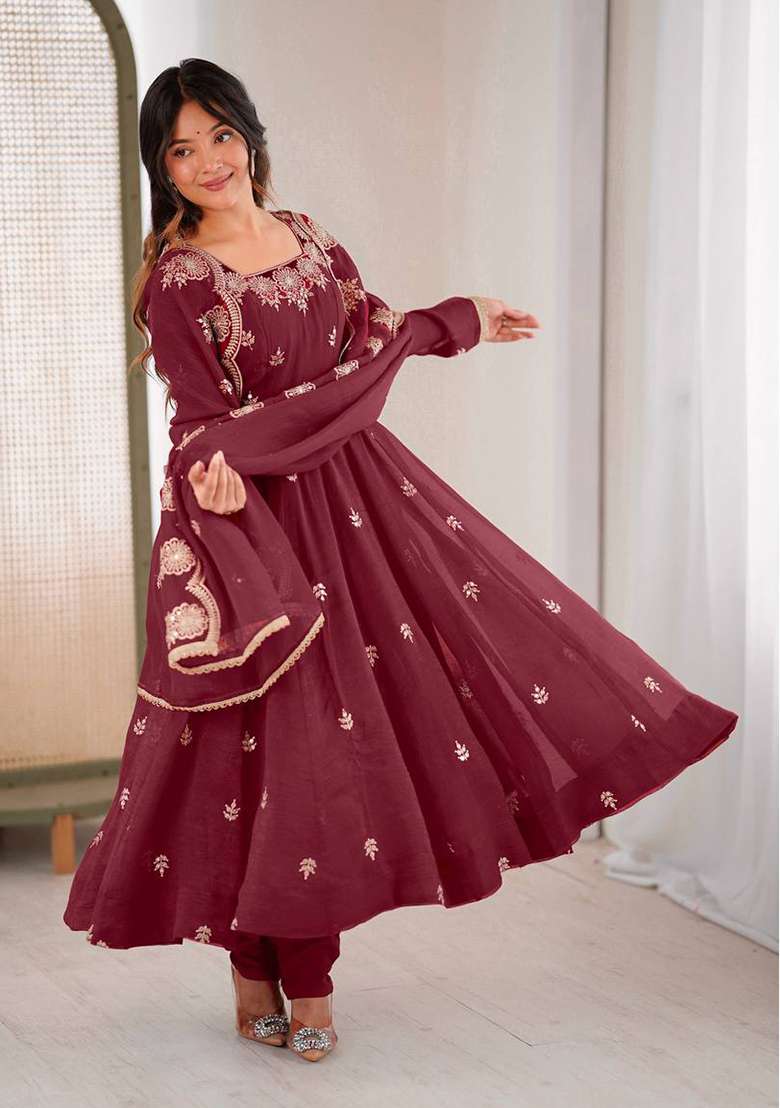Maroon Embroidered Silk Blend Anarkali Set - Indya