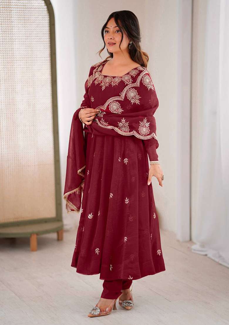 Maroon Embroidered Silk Blend Anarkali Set - Indya