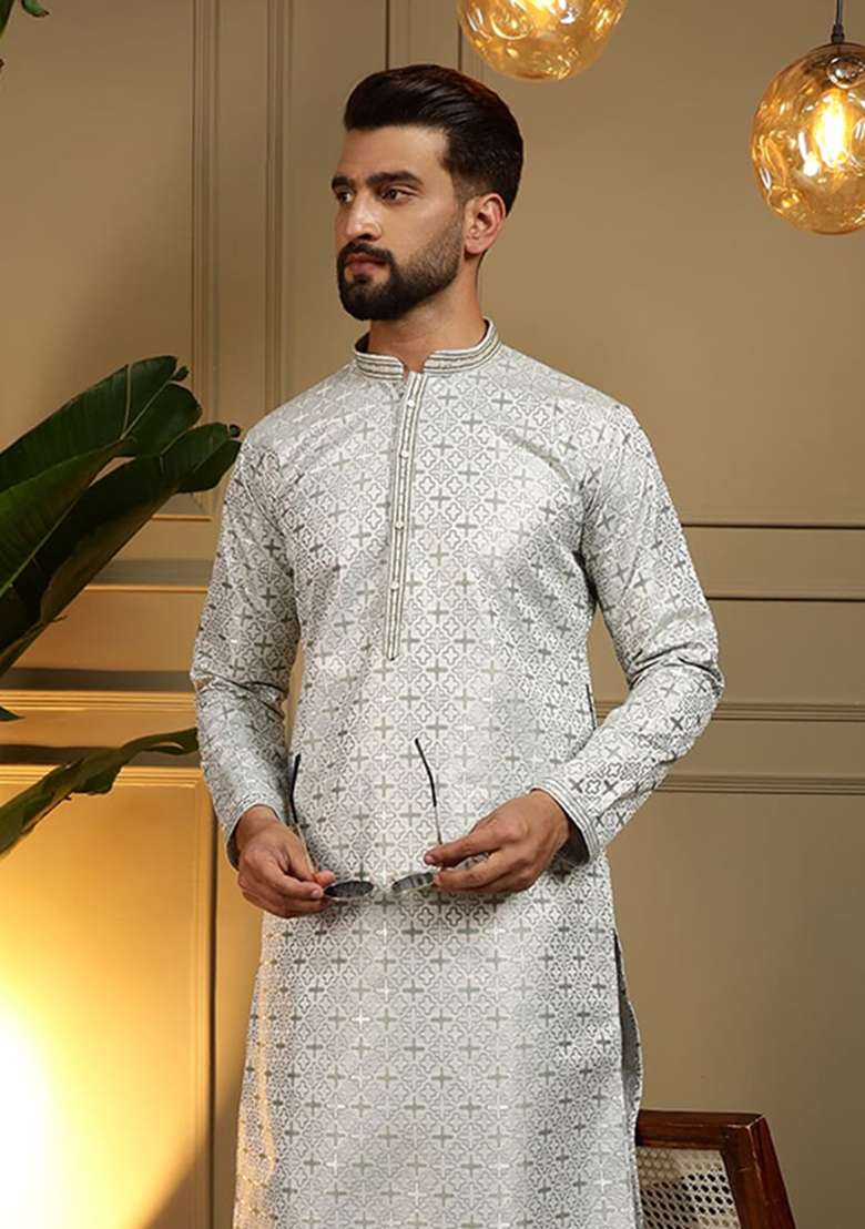 Olive Printed Jacquard Kurta - Indya