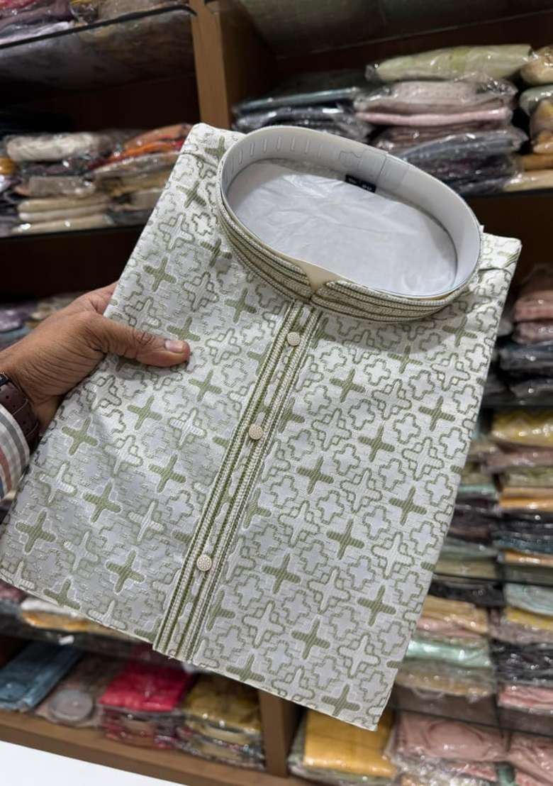 Olive Printed Jacquard Kurta - Indya