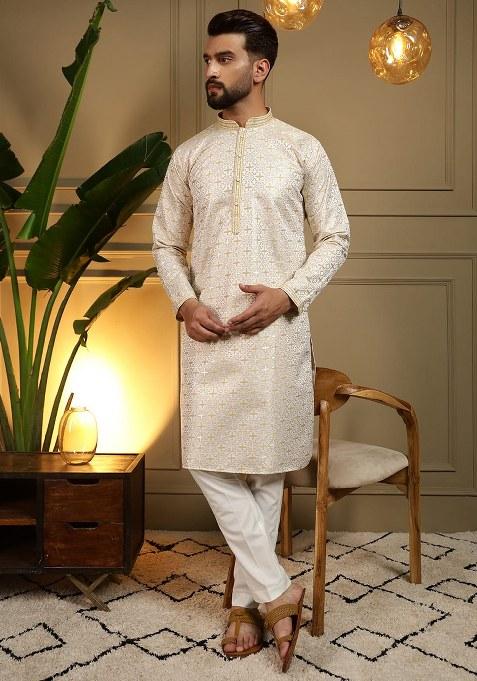 Mustard Embroidery Heavy Jacquard Kurta With Pyjama