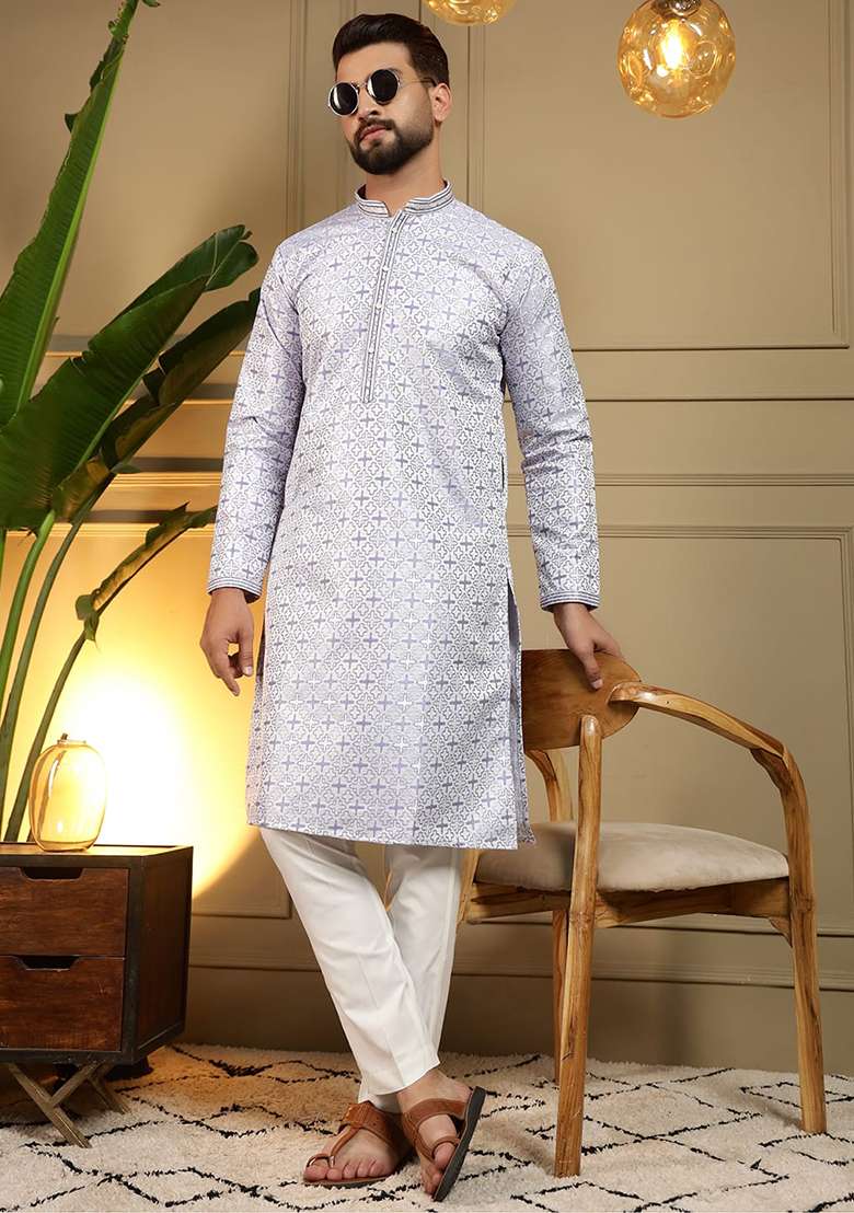 Lavender Printed Jacquard Kurta - Indya