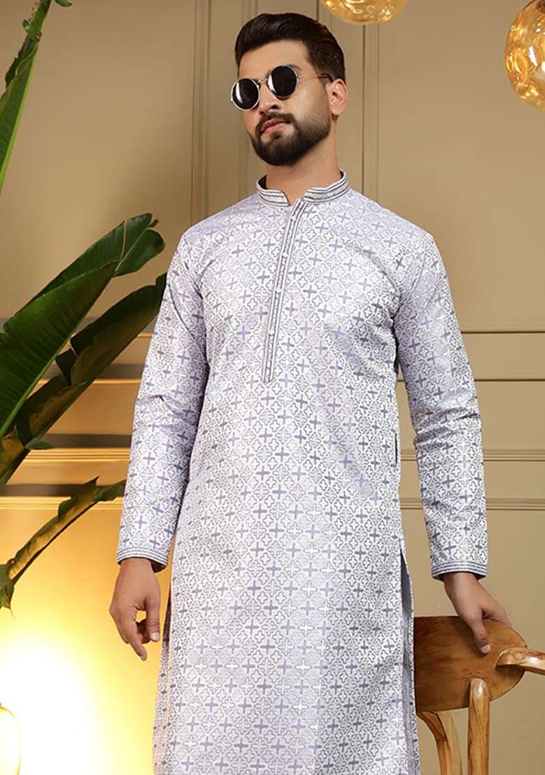 Lavender Printed Jacquard Kurta - Indya
