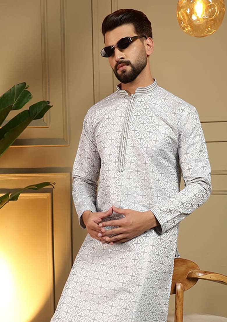 Grey Printed Jacquard Kurta - Indya